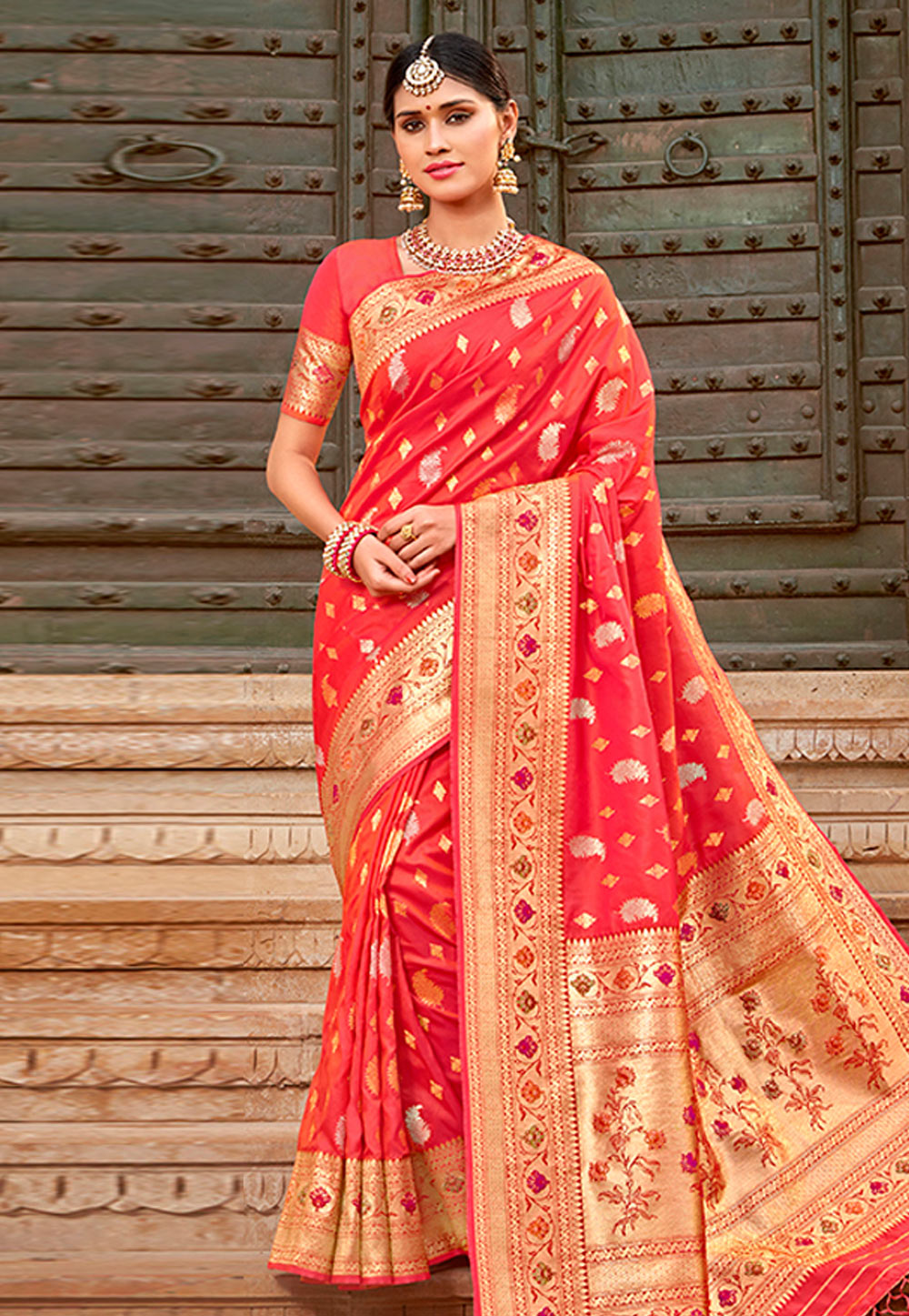 Pink Banarasi Silk Saree With Blouse 209003