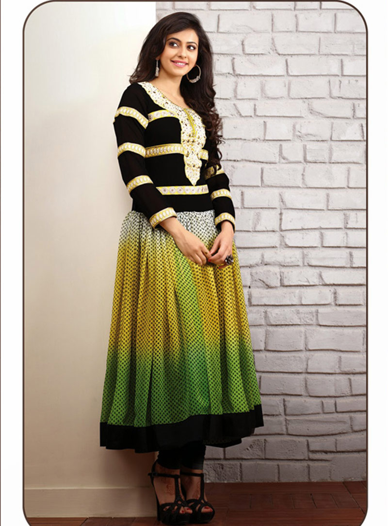 Rakul Preet Singh Black and Yellow Lace Work Long Anarkali Suit 37655
