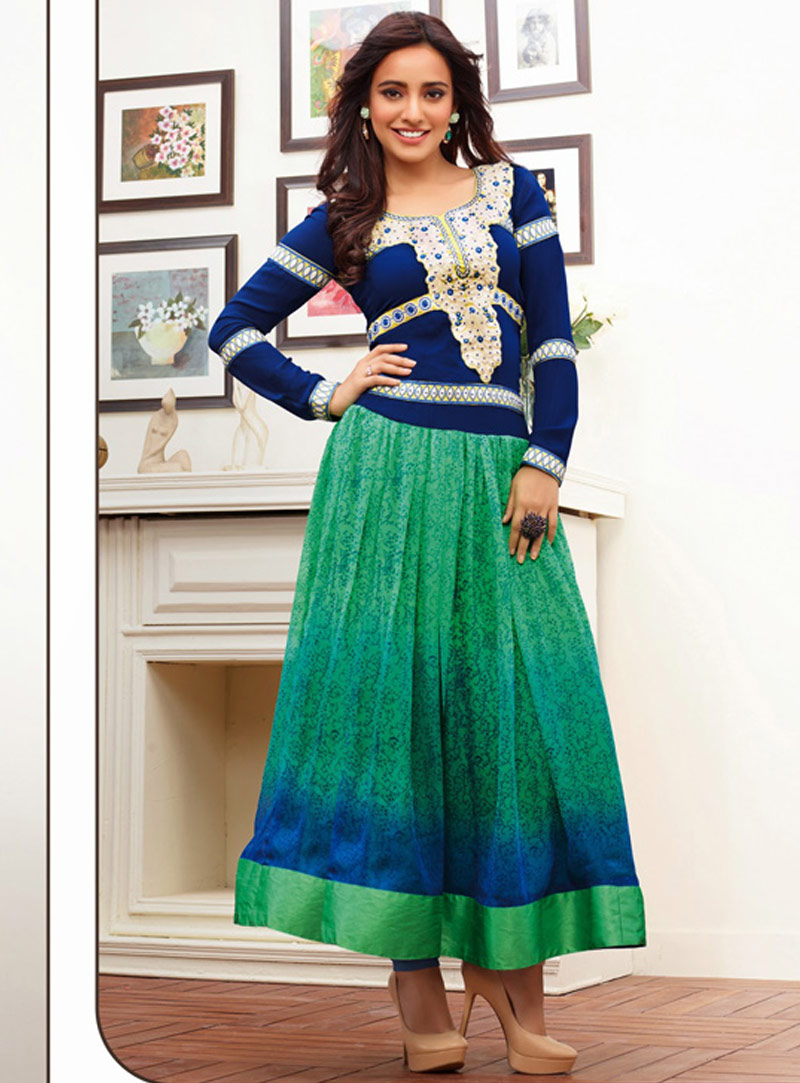 Neha Sharma Blue and Green Karachi Work Bollywood Suit 37656