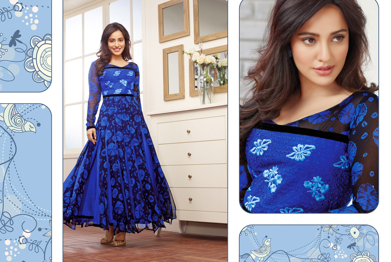 Neha Sharma Blue Printed Ankle Length Party Wear Suit 37658