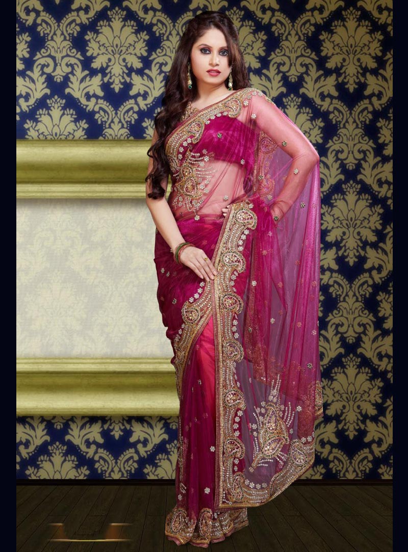 Pink Heavy Work Net Bridal Saree 23414