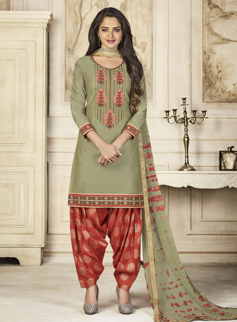 Olive Green Glace Cotton Punjabi Suit 135098
