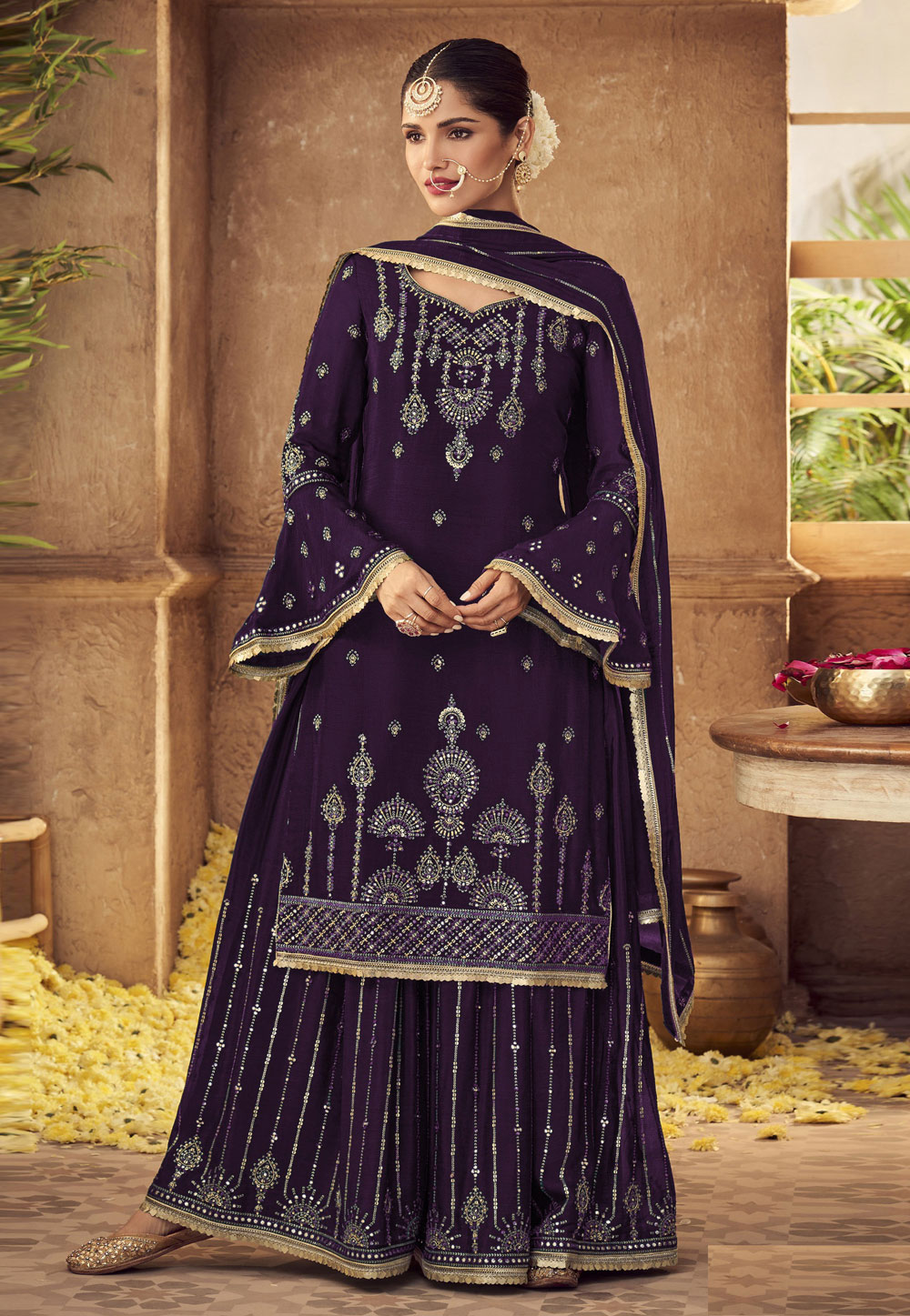 Purple Faux Georgette Embroidered Palazzo Suit 253991