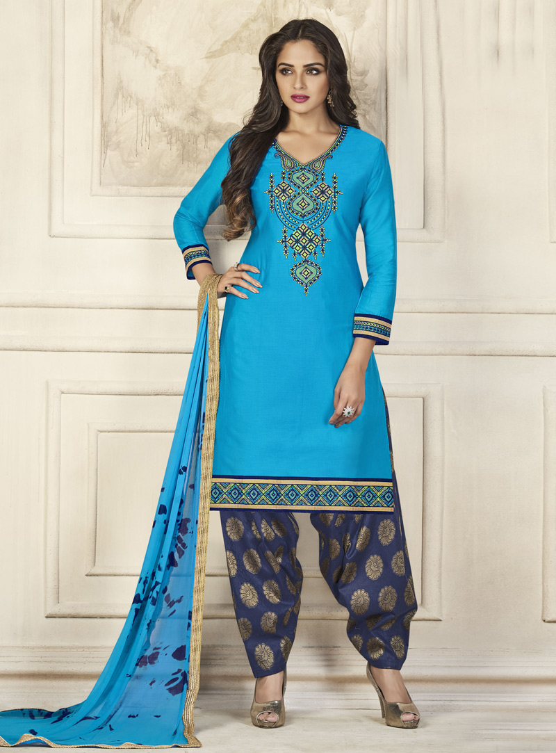 Blue Glace Cotton Patiala Suit 135103