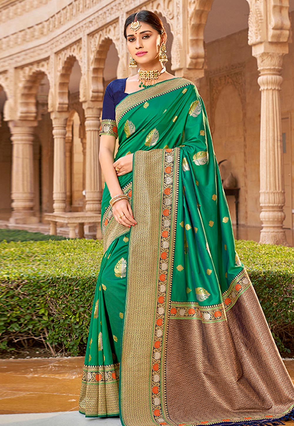 Green Banarasi Silk Saree With Blouse 209005