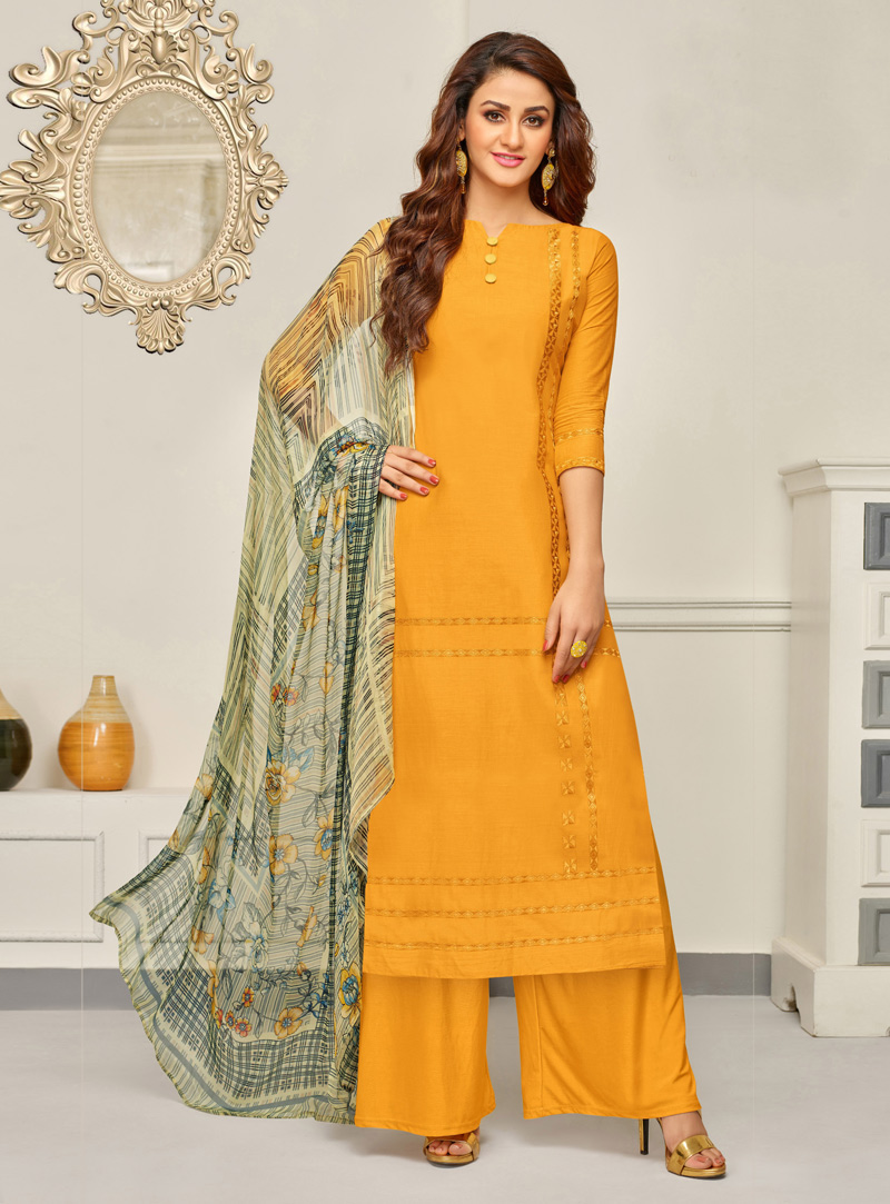 Mustard Cambric Cotton Palazzo Suit 136184