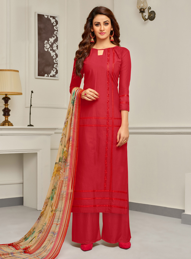 Red Cambric Cotton Pakistani Style Suit 136187