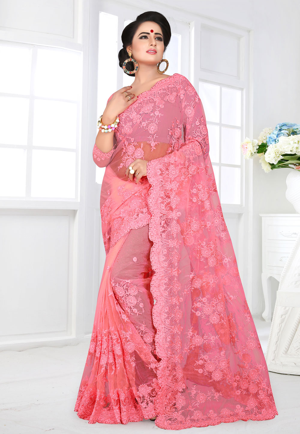 Pink Net Festival Wear Saree 155171