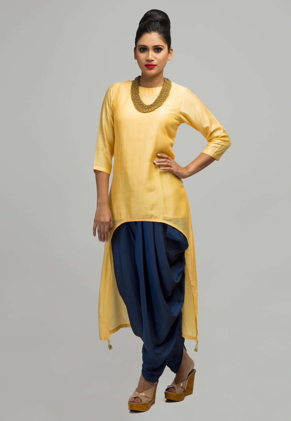 Yellow Silk Asymmetrical Top With Dhoti 182549