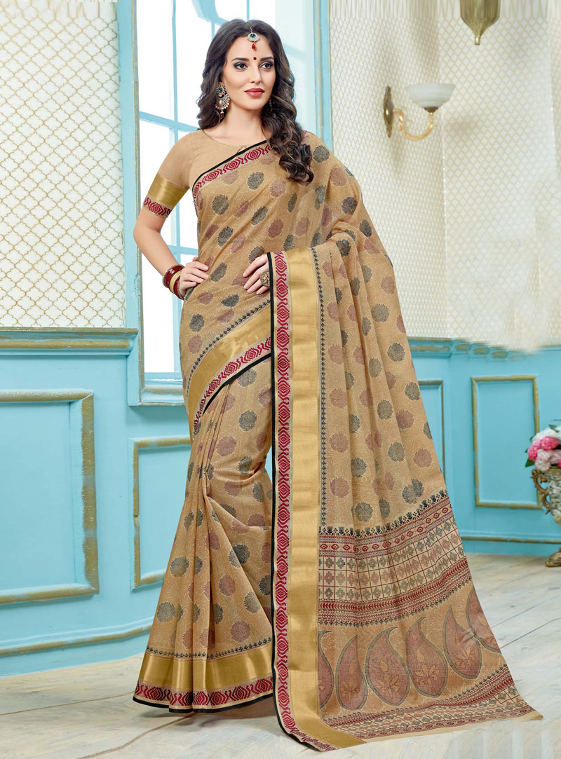 Beige Cotton Saree With Blouse 136376
