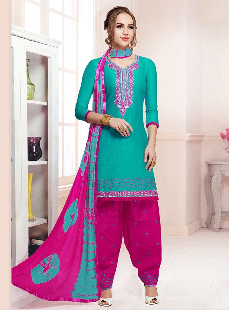 Blue Cotton Satin Punjabi Suit 136402