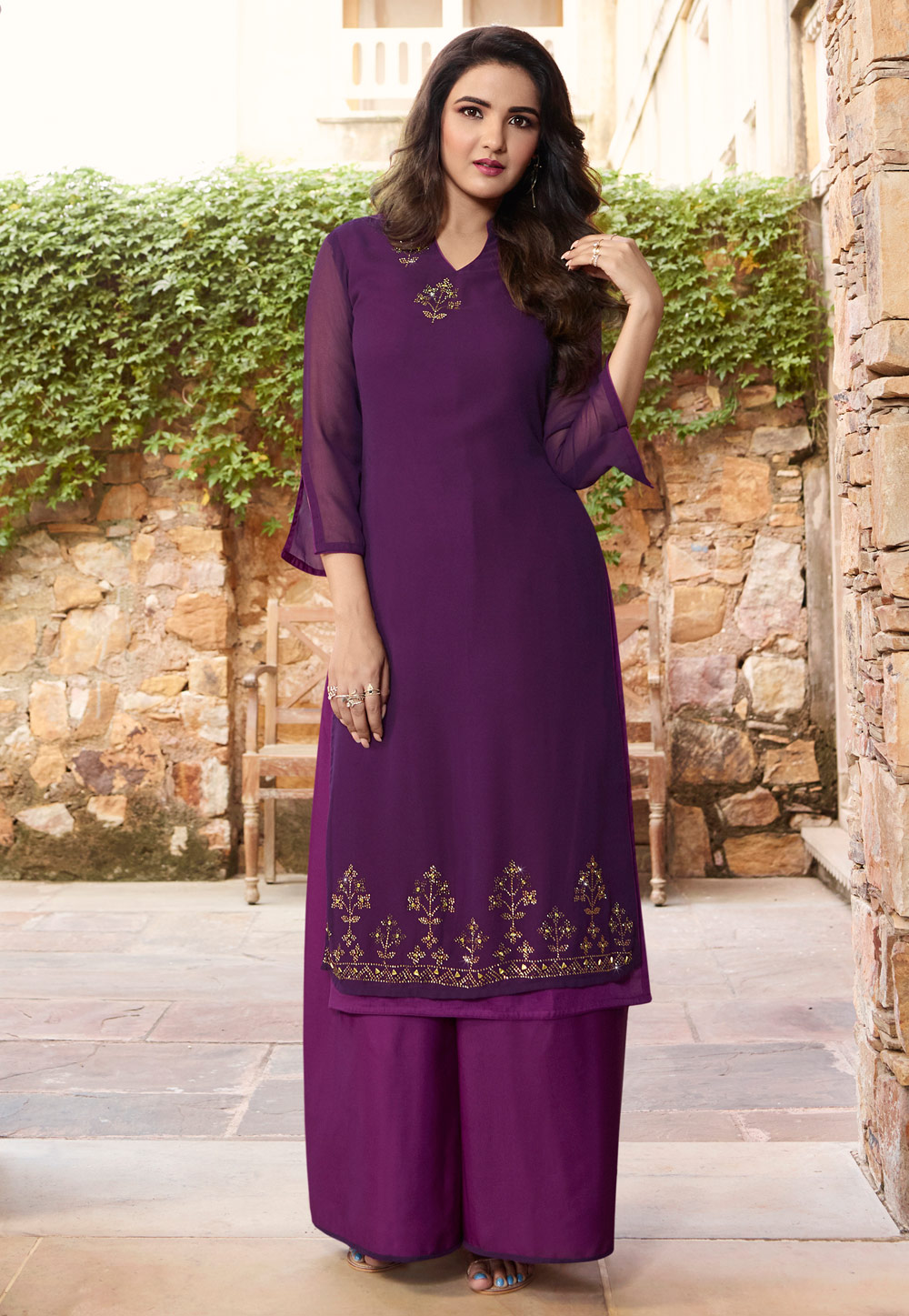 Violet Georgette Palazzo Style Suit 186545