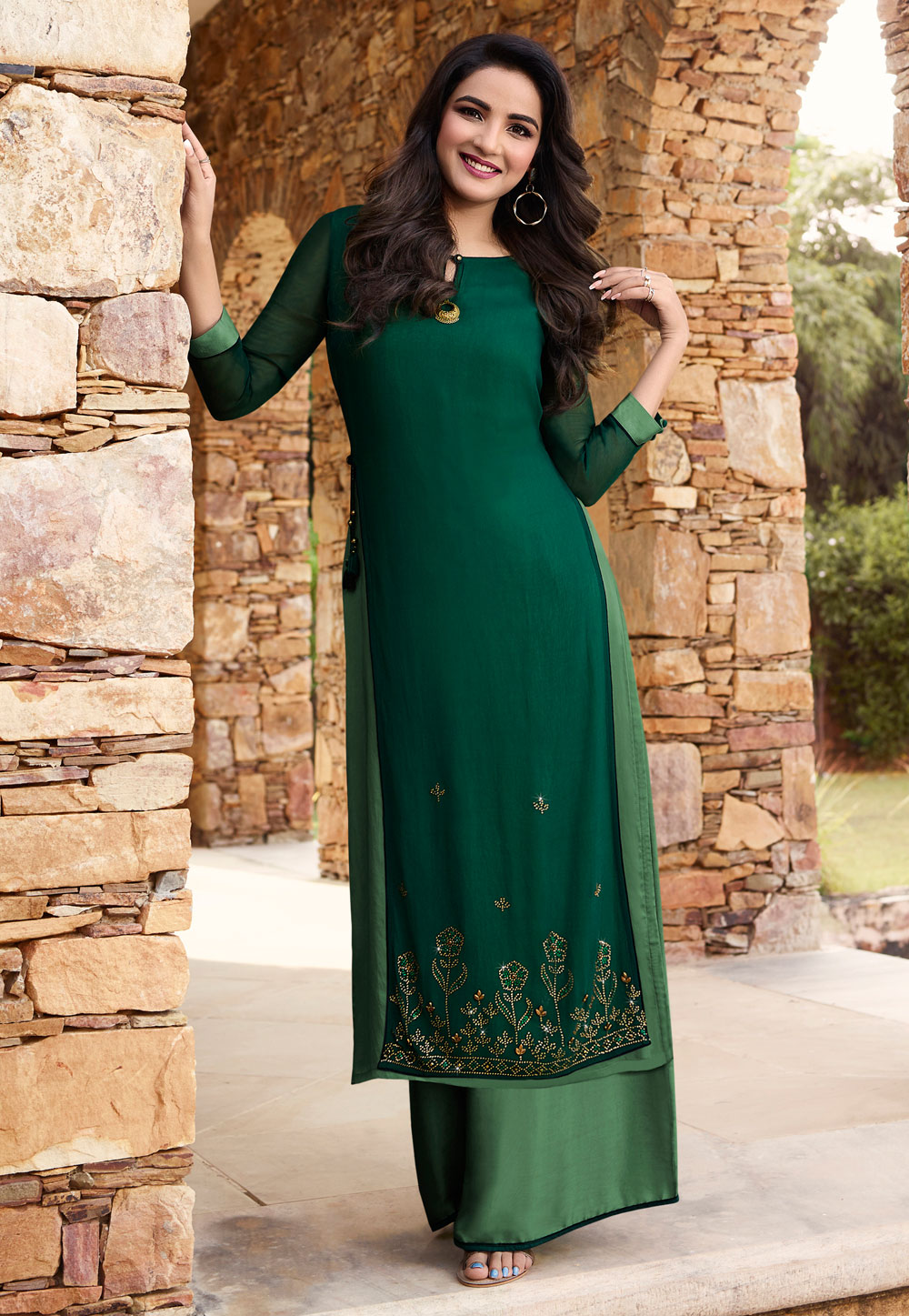 Green Georgette Kameez With Palazzo 186546