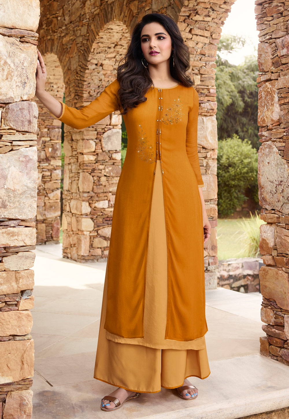 Mustard Georgette Palazzo Style Suit 186547