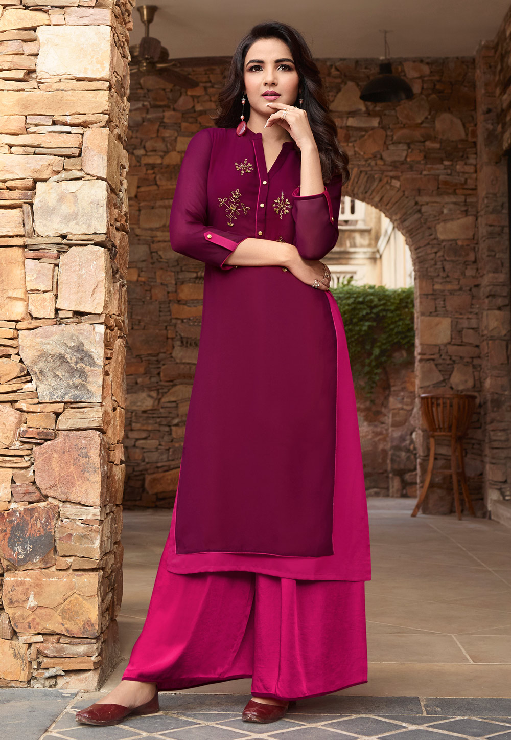 Magenta Georgette Palazzo Style Suit 186549