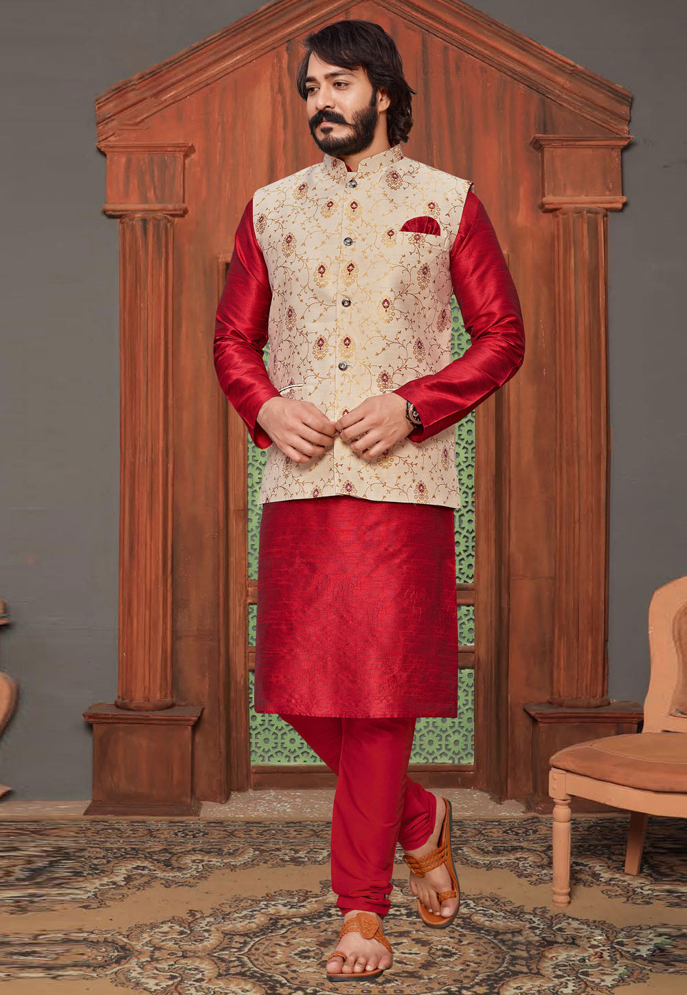 Red Silk Kurta Pajama With Jacket 235517