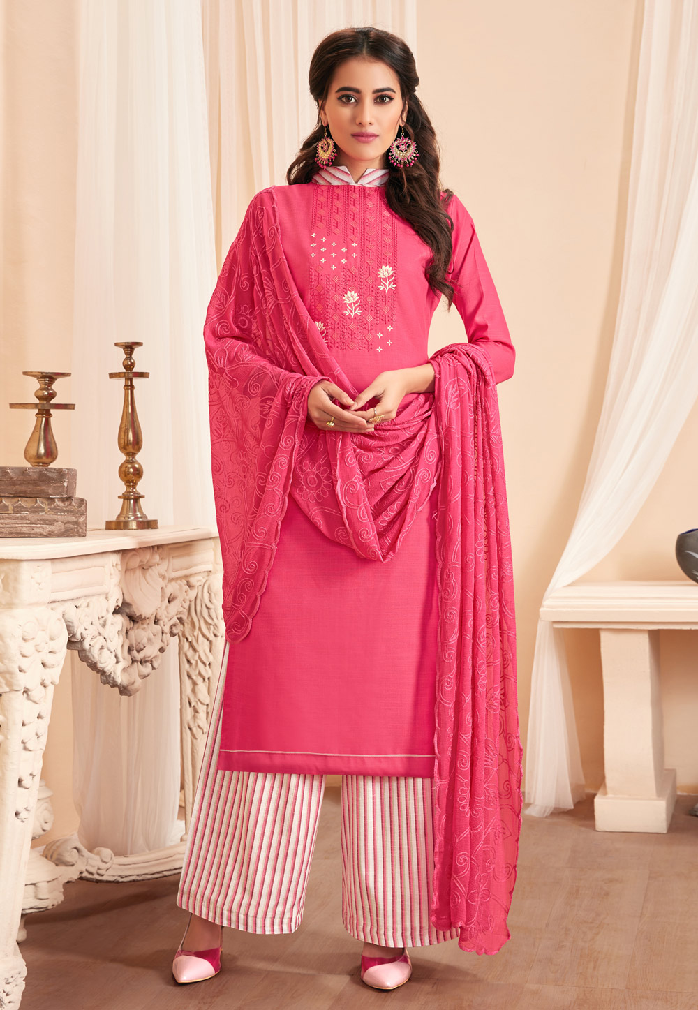 Pink Cotton Palazzo Suit 214024