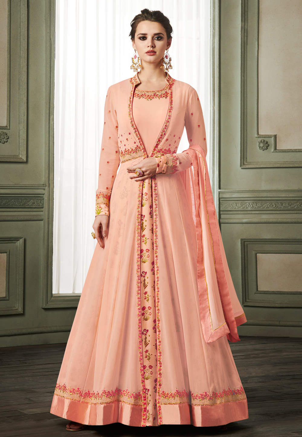 Peach Georgette Readymade Long Anarkali Suit With Jacket 157481