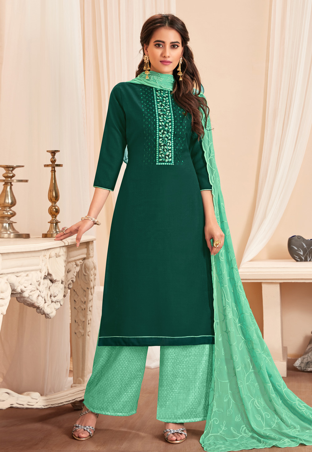 Green Cotton Kameez With Palazzo 214025