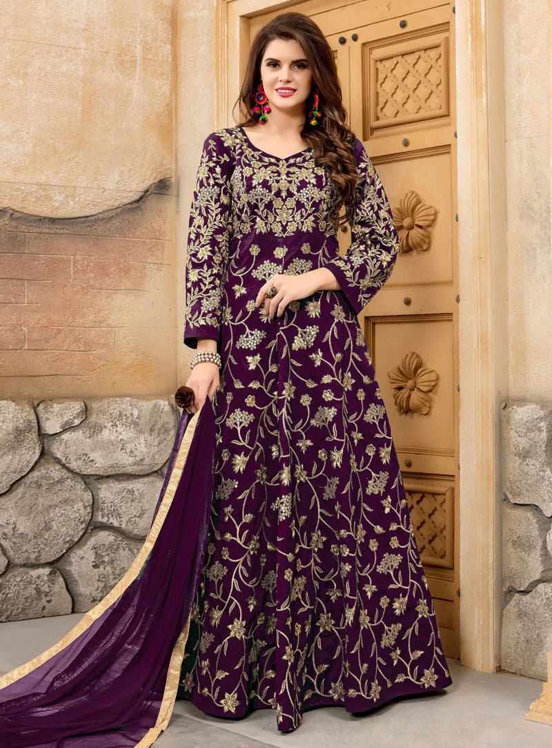 Purple Taffeta Silk Long Anarkali Suit 106400