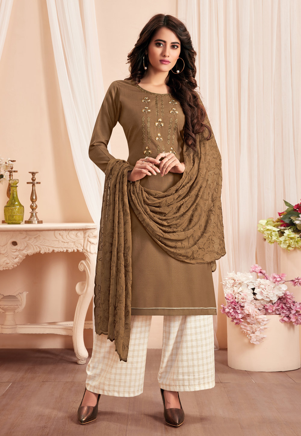 Brown Cotton Palazzo Suit 214026