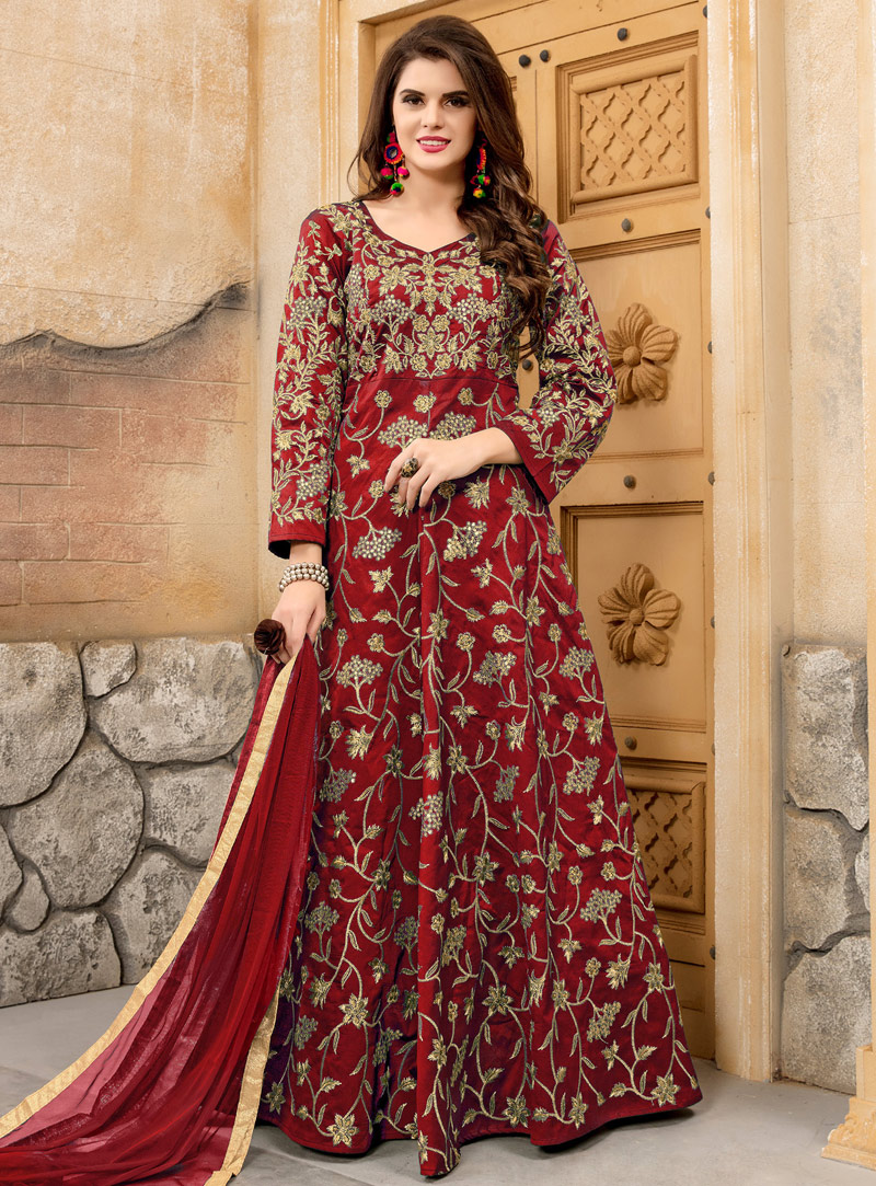 Red Taffeta Silk Long Anarkali Suit 106402