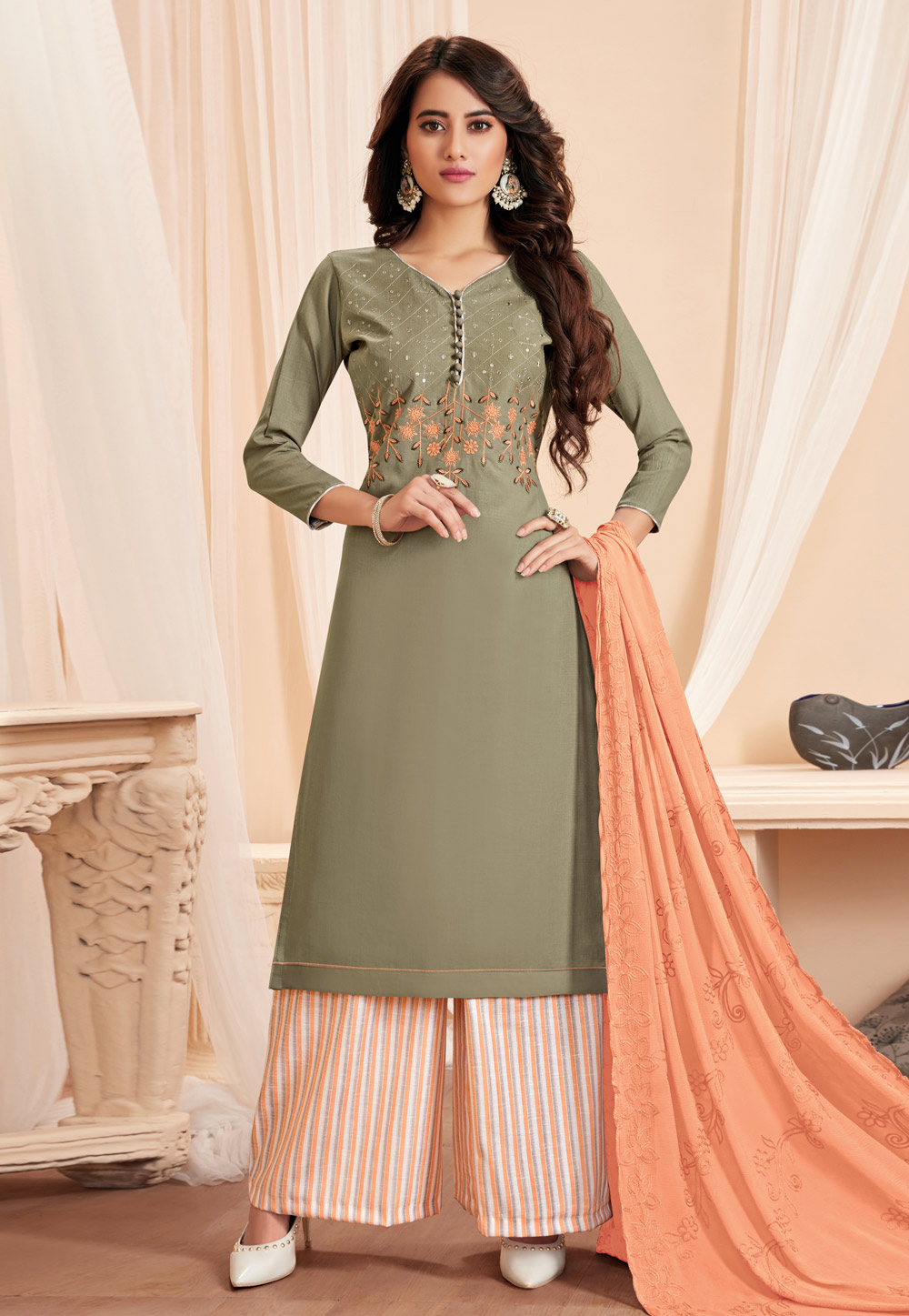 Olive Green Cotton Kameez With Palazzo 214029