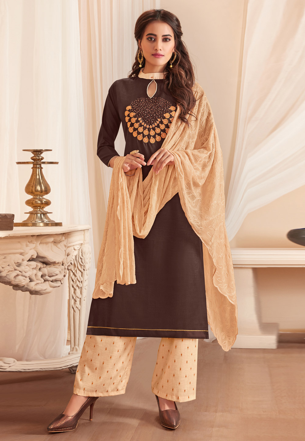 Brown Cotton Kameez With Palazzo 214033