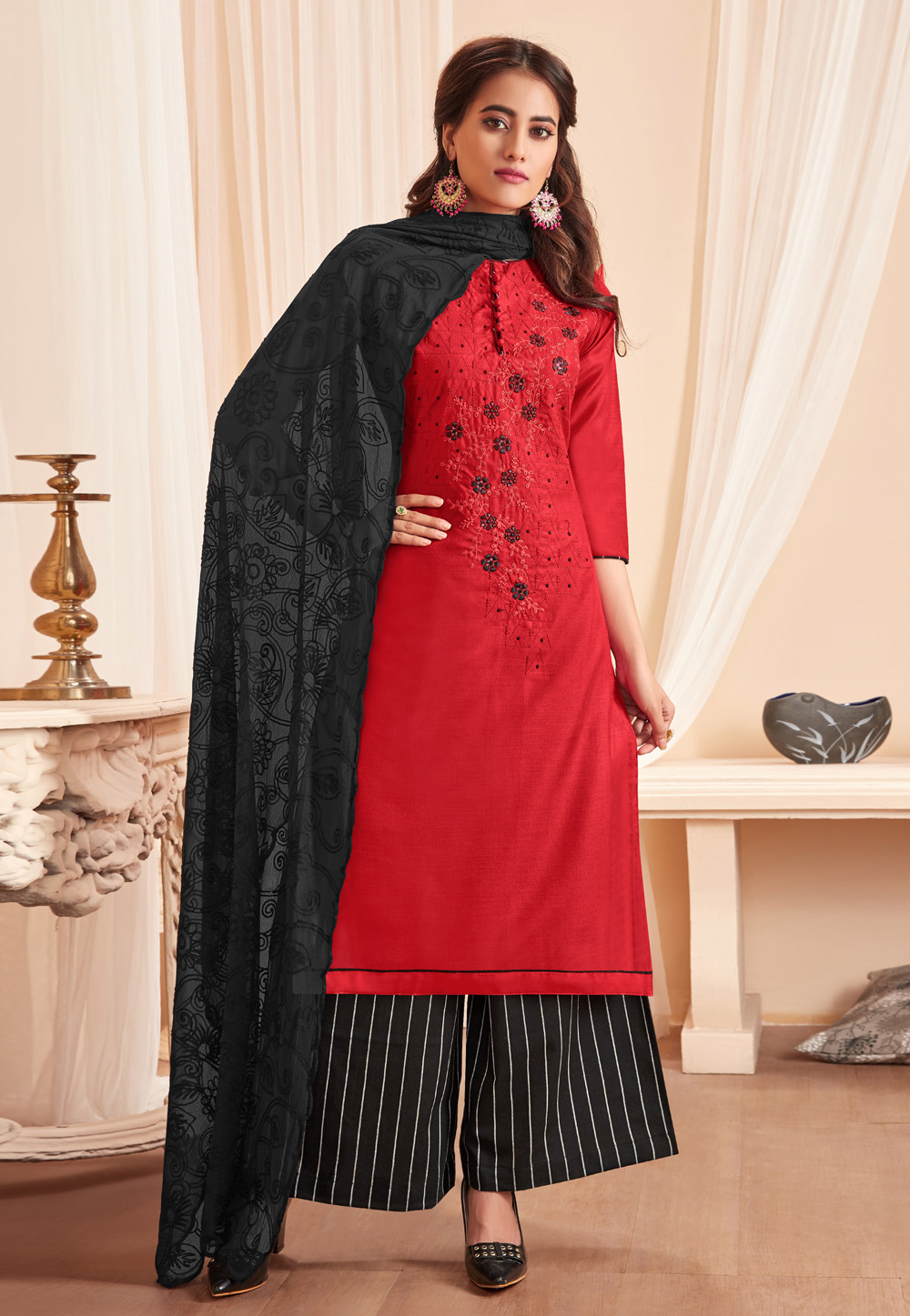 Red Cotton Palazzo Suit 214034