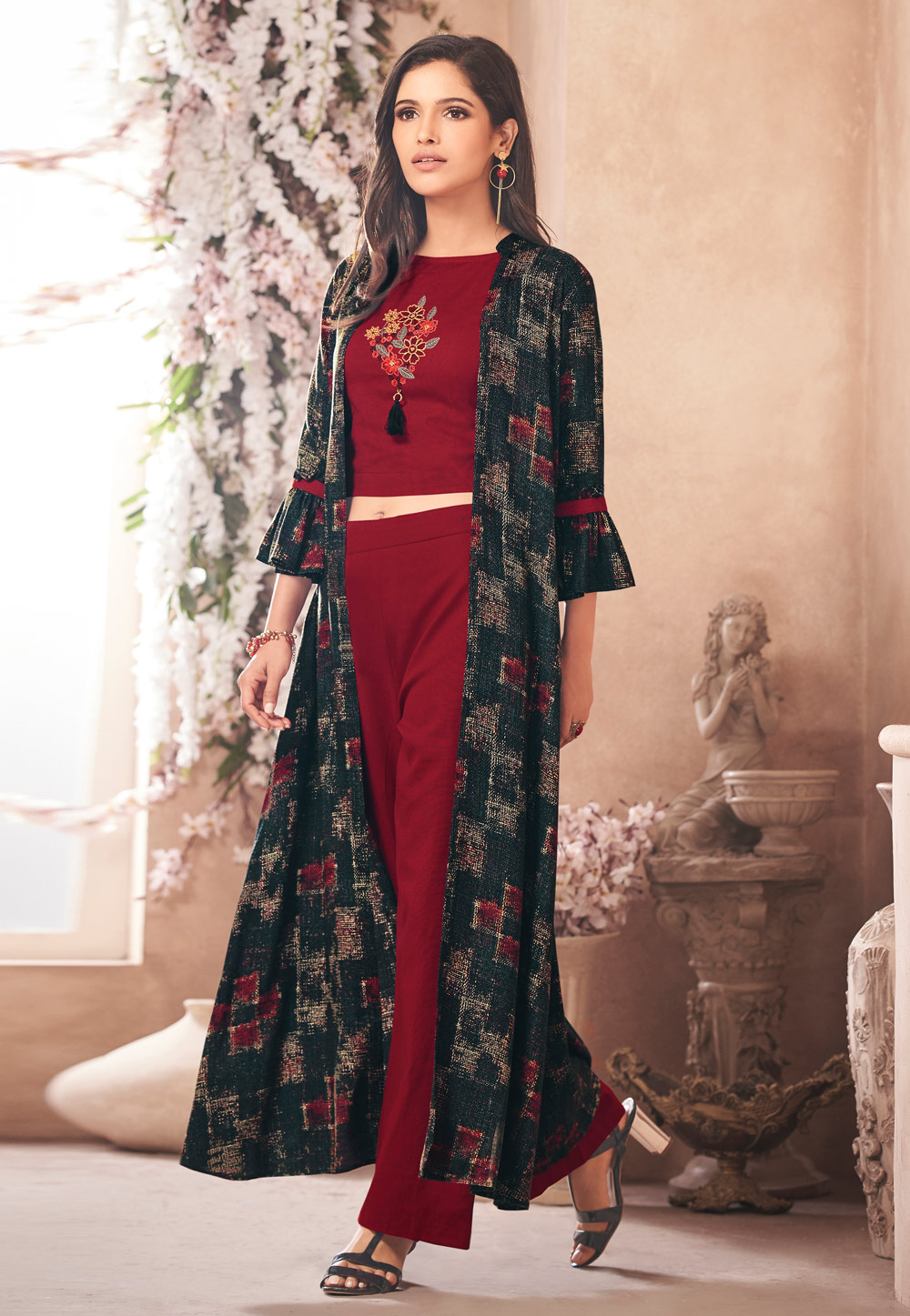 Maroon Rayon Readymade Palazzo Suit With Jacket 157560