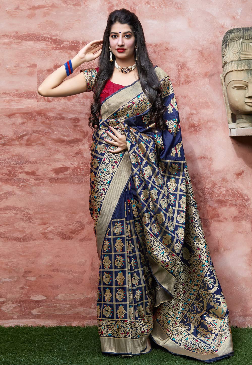 Navy Blue Banarasi Silk Festival Wear Saree 210320