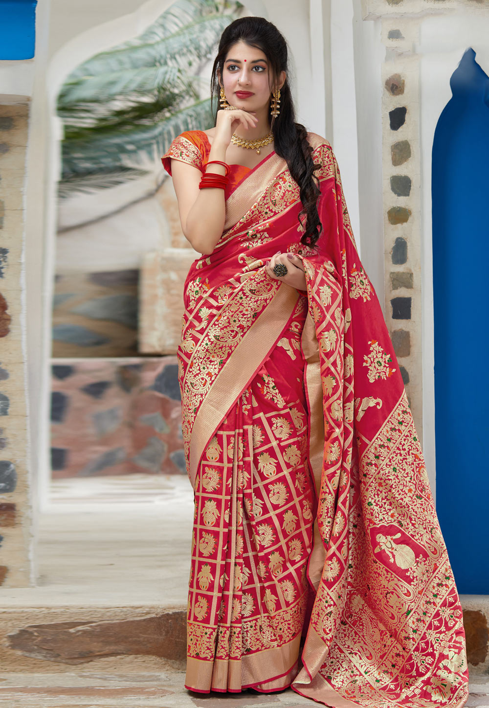 Pink Banarasi Silk Saree With Blouse 210321