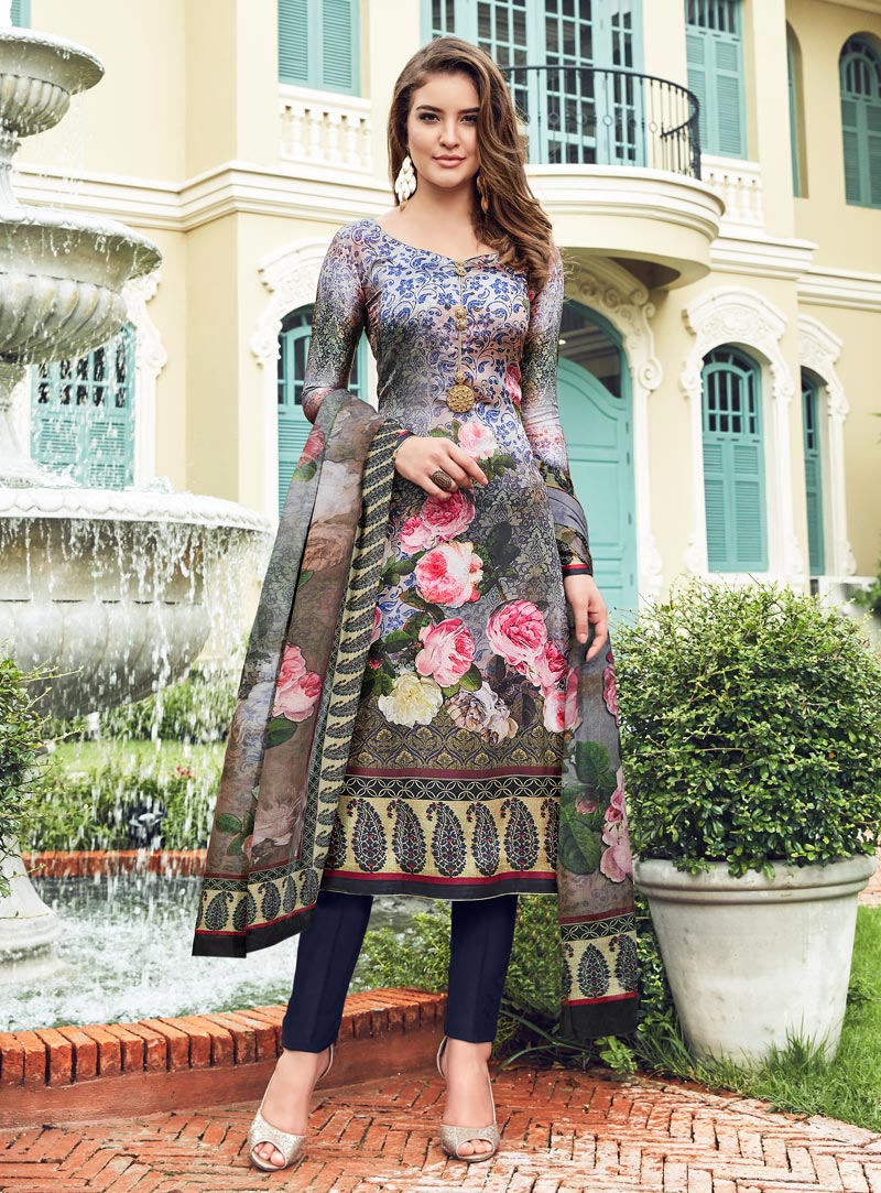 Blue Satin Pakistani Style Suit 143362