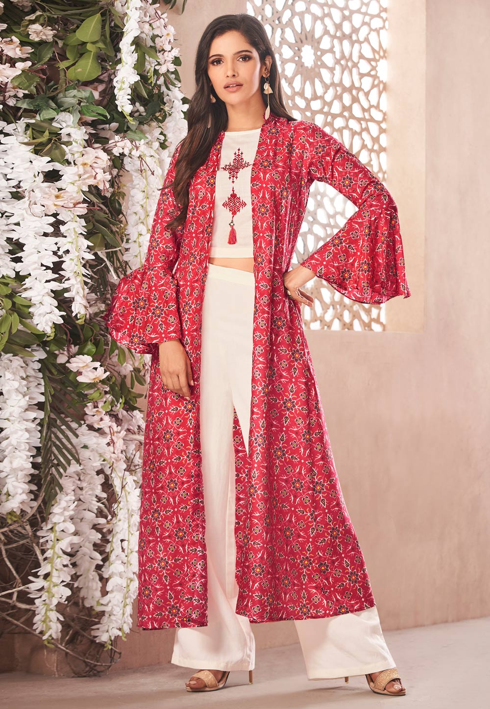 Off White Rayon Readymade Kameez With Palazzo and Jacket 157563