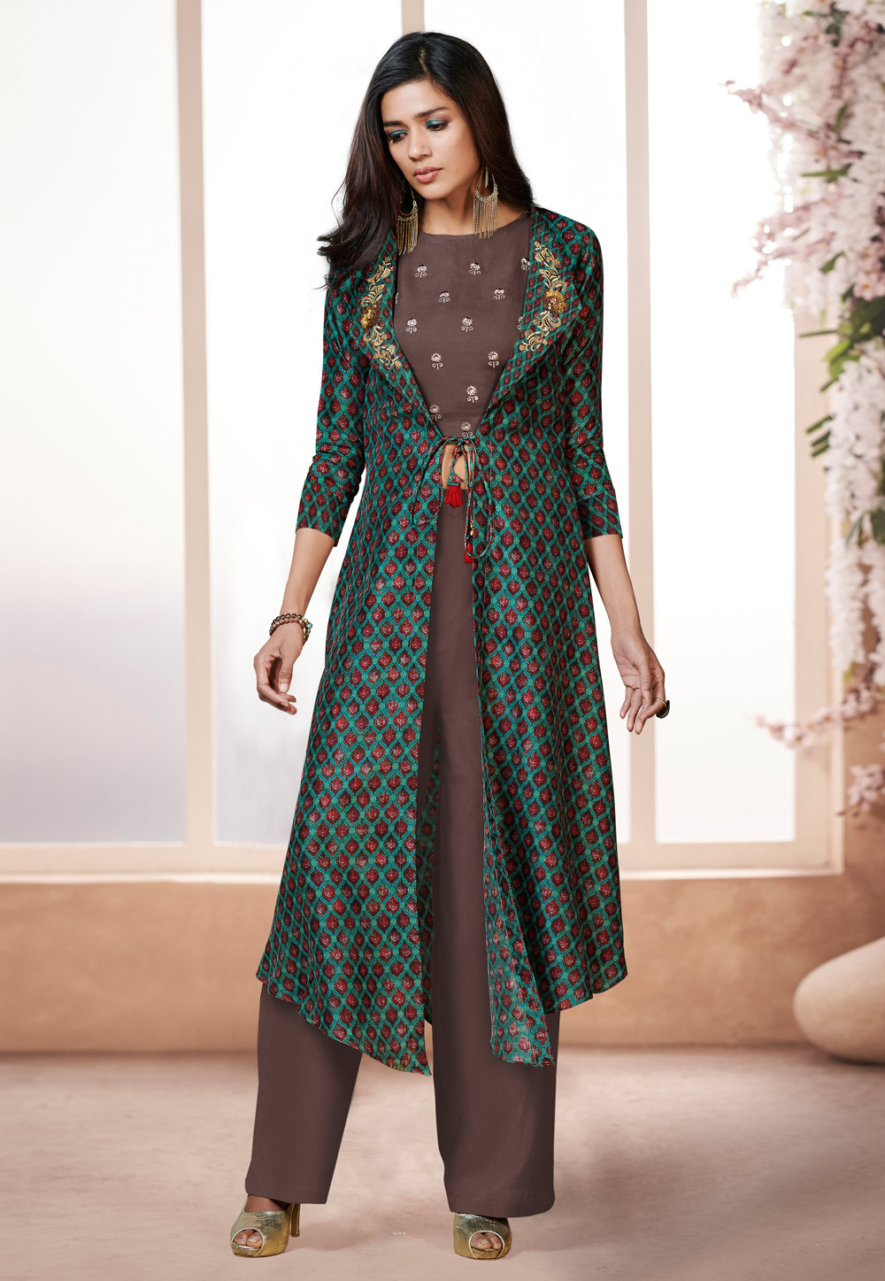 Brown Rayon Readymade Palazzo Suit With Jacket 157564