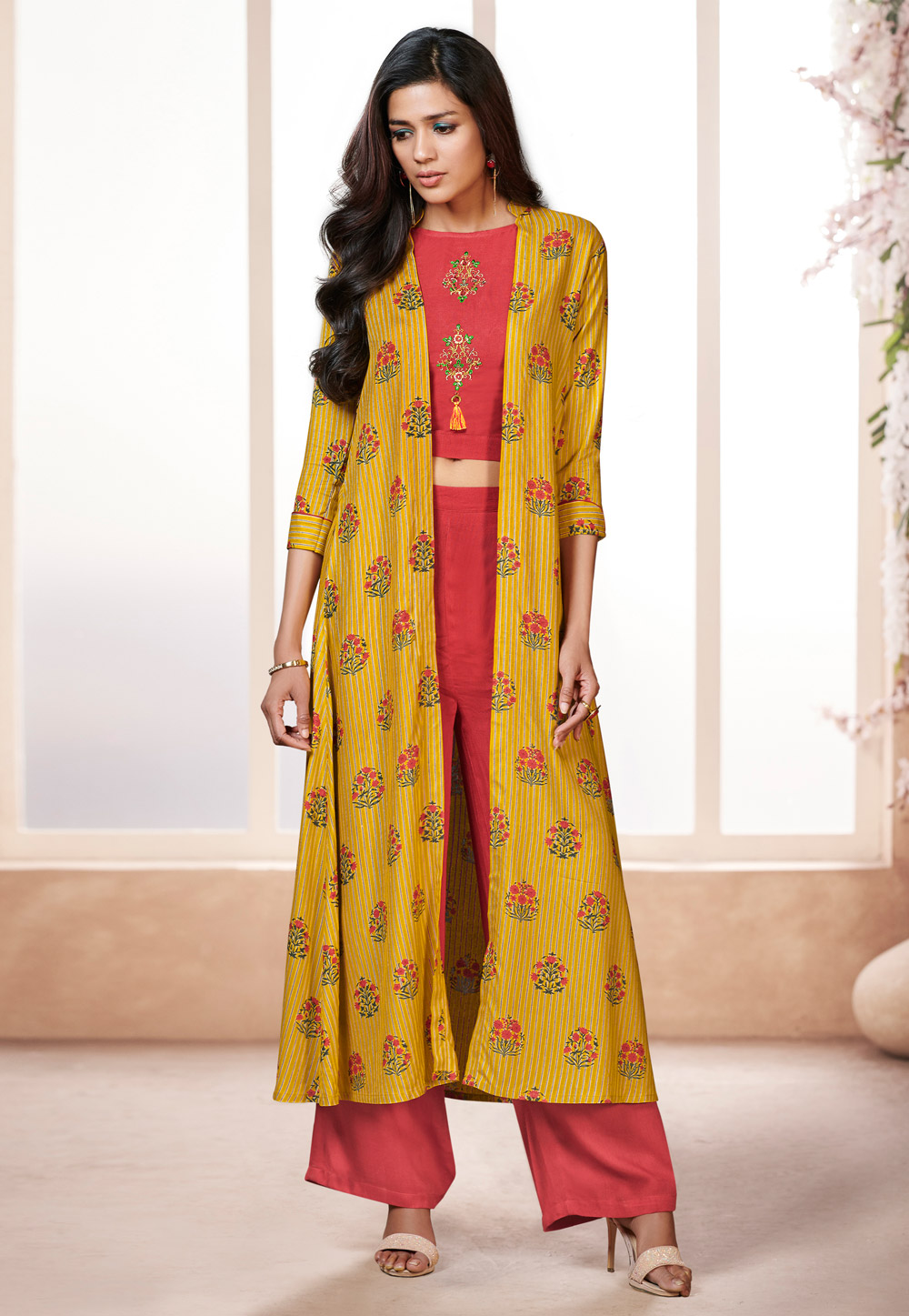 Red Rayon Readymade Palazzo Suit With Jacket 157568