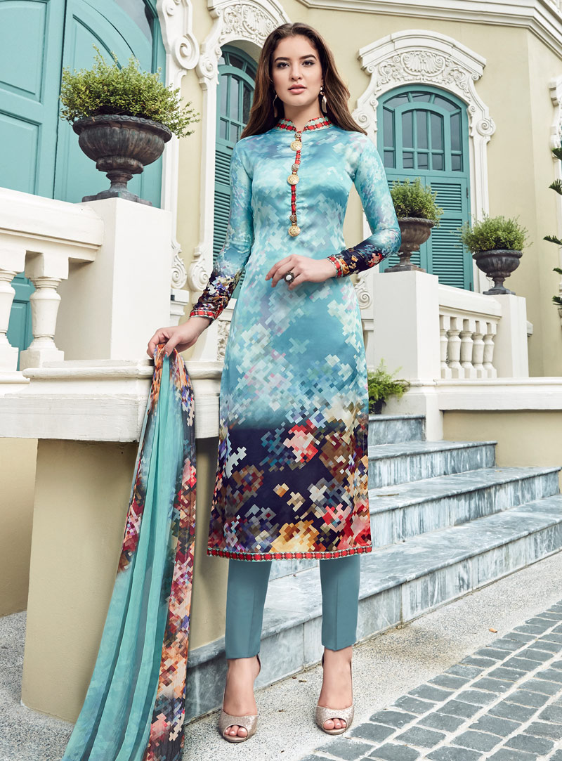 Sky Blue Satin Pakistani Style Suit 143370