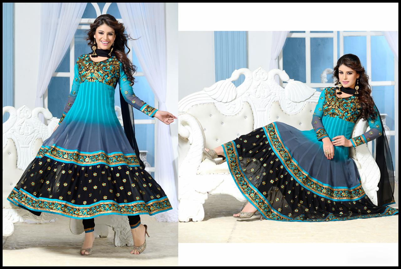 Blue and Black Shaded Long Anarkali Suit 38695