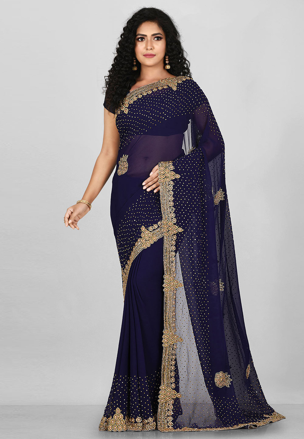 Navy Blue Georgette Saree With Blouse 242949