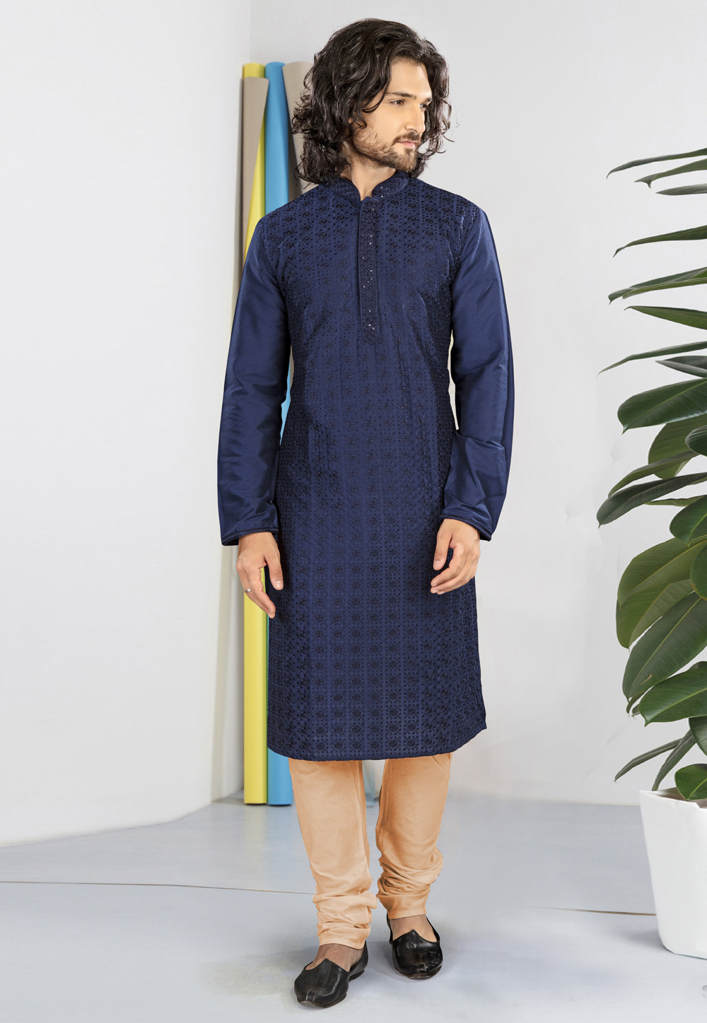 Navy Blue Polyester Lakhnavi Kurta Pajama 243582