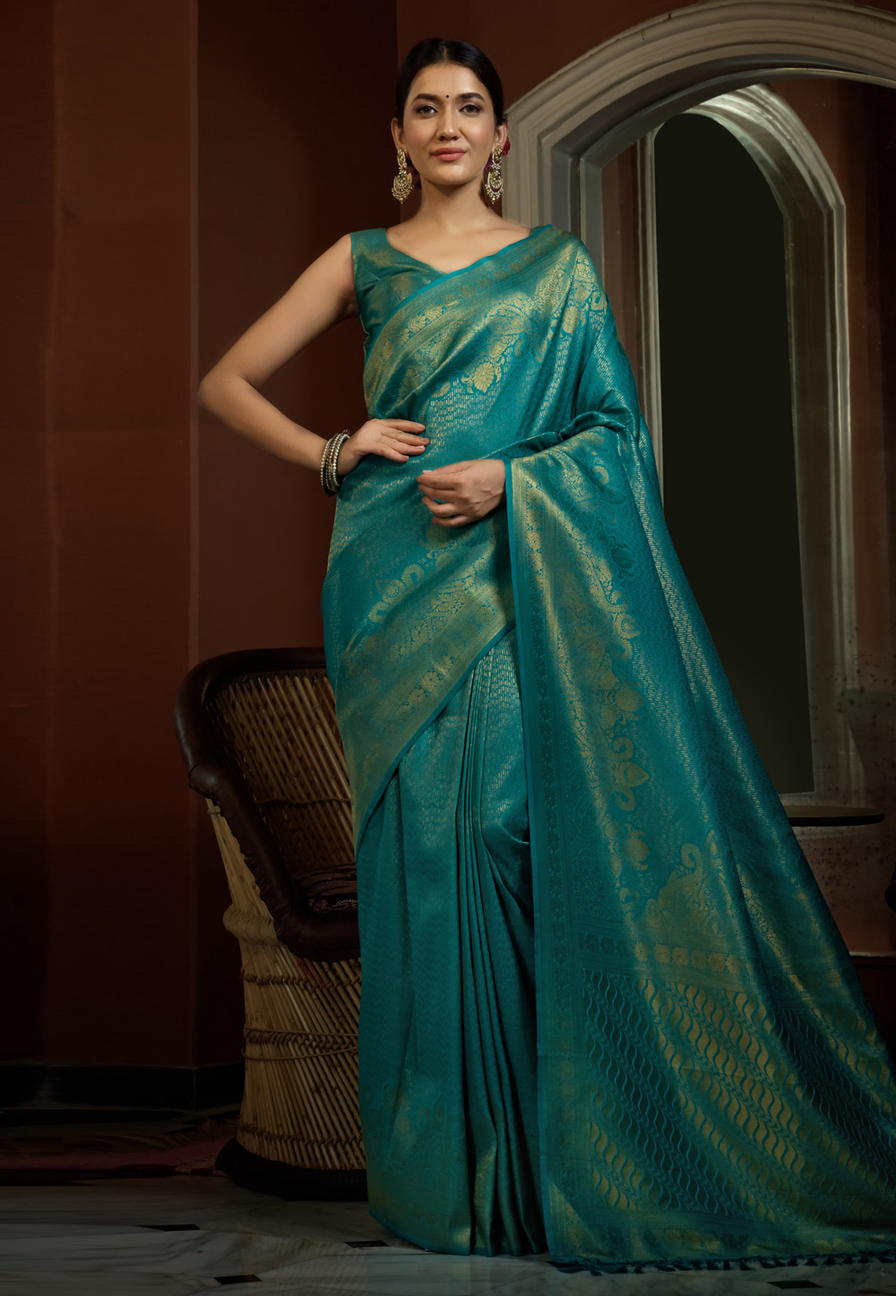 Turquoise Kanjivaram Silk Saree With Blouse 263096