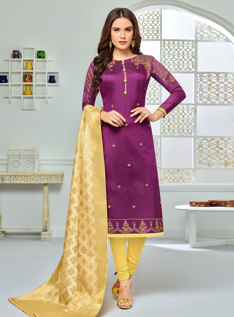 Purple Chanderi Cotton Churidar Suit 137264