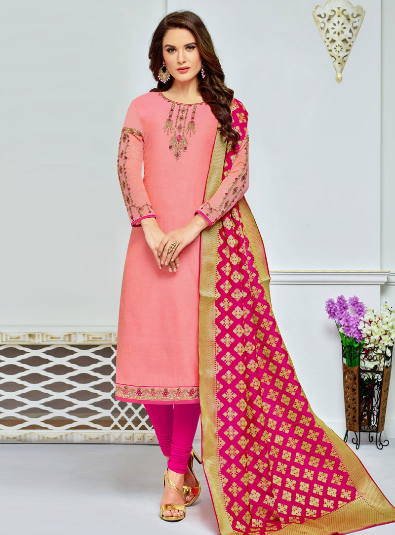 Pink Chanderi Cotton Churidar Suit 137268