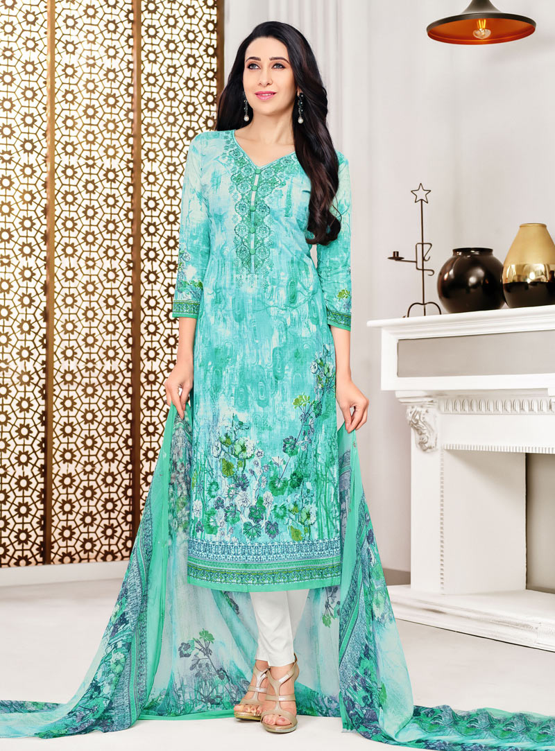Karisma Kapoor Aqua Cotton Pakistani Style Suit 137341