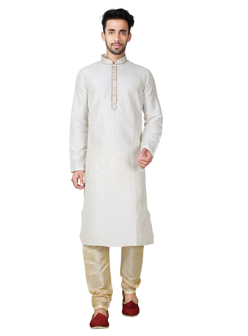 White Art Silk Readymade Kurta Pajama 138875