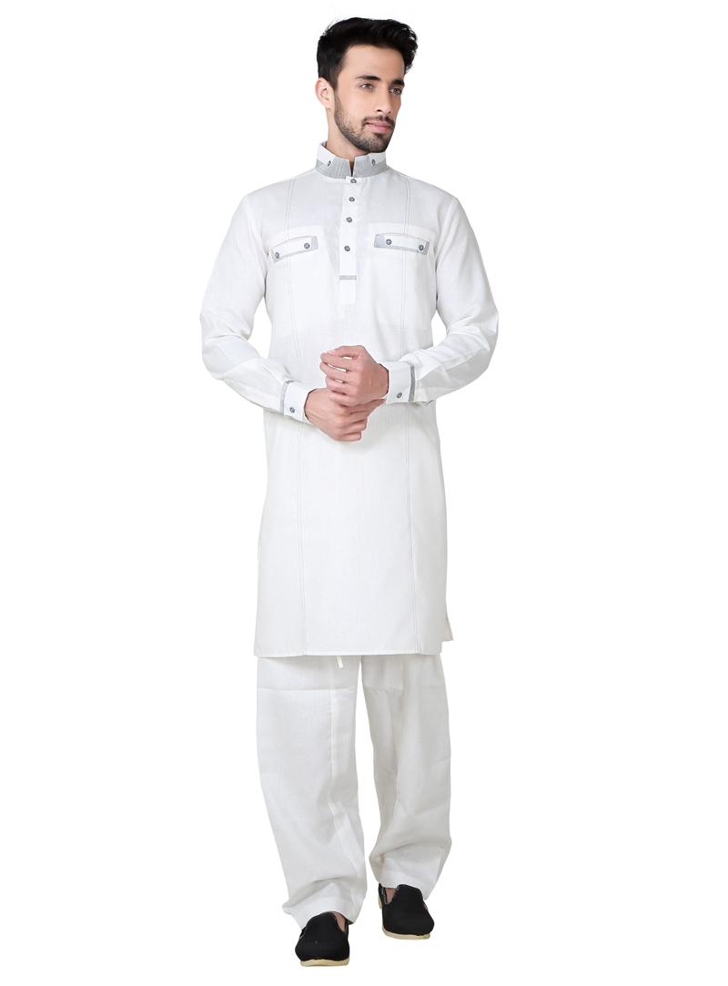 White Cotton Readymade Kurta Pajama 138886