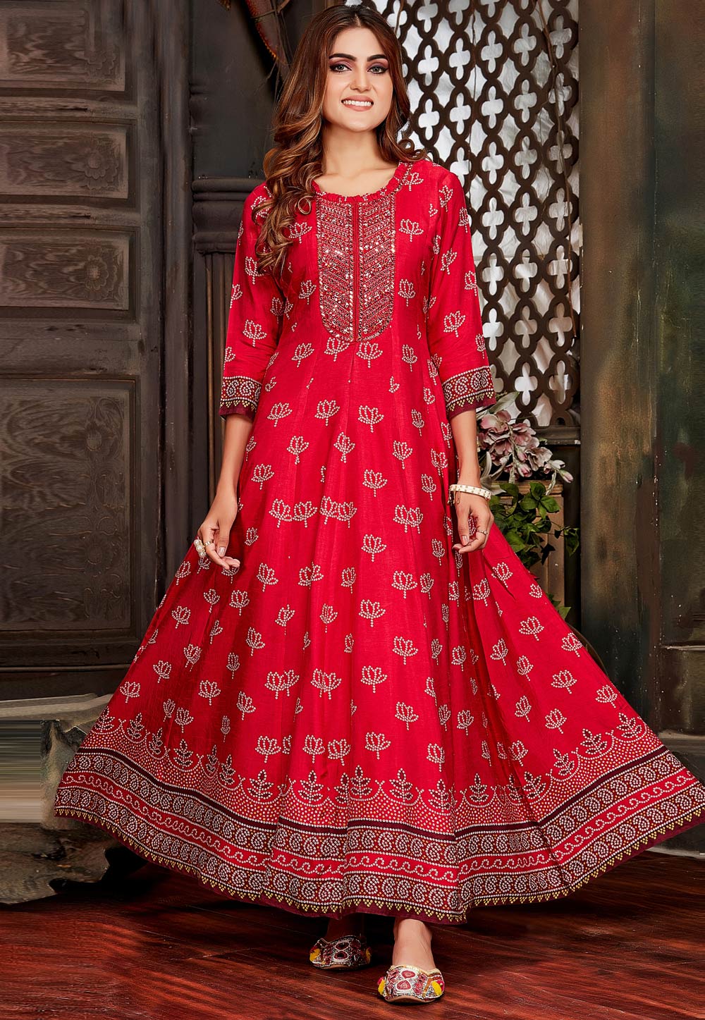 Red Silk Floral Print Gown 244277