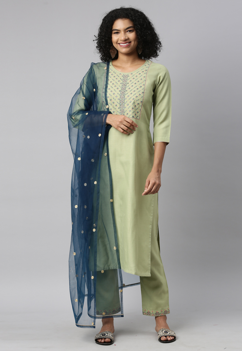 Light Green Cotton Readymade Pant Style Suit 244227