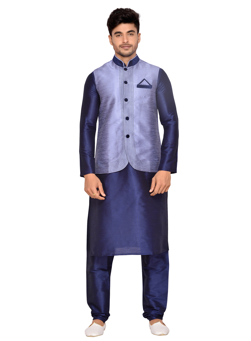 Navy Blue Art Silk Readymade Kurta Pajama With Jacket 139539