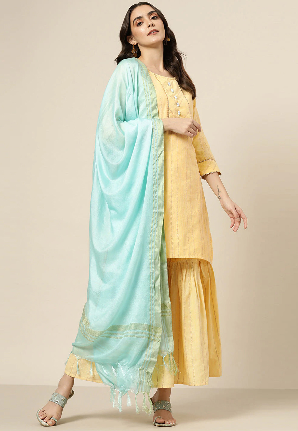 Yellow Cotton Readymade Sharara Suit 244412